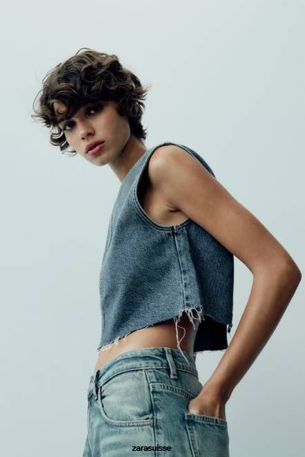 Zara vêtements P66V259 femmes top court en jean trf bleu