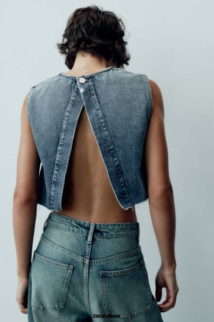 Zara vêtements P66V259 femmes top court en jean trf bleu