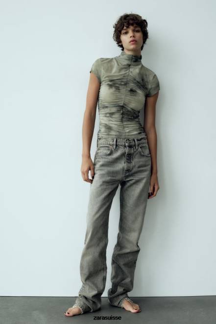 Zara vêtements P66V260 femmes haut en tulle imprimé légumes verts