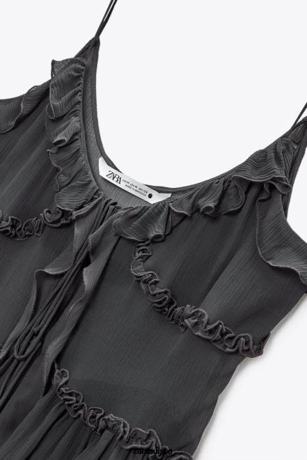 Zara vêtements P66V271 femmes haut semi-transparent à volants gris anthracite