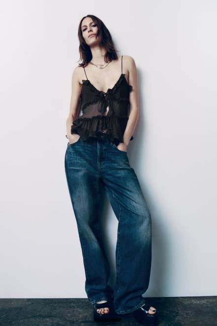 Zara vêtements P66V271 femmes haut semi-transparent à volants gris anthracite