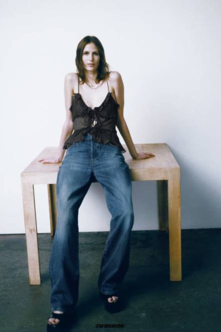 Zara vêtements P66V271 femmes haut semi-transparent à volants gris anthracite