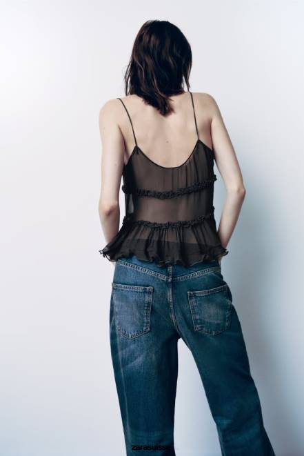 Zara vêtements P66V271 femmes haut semi-transparent à volants gris anthracite