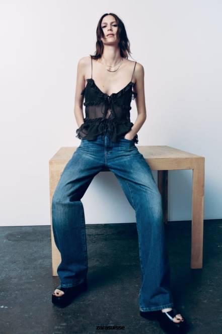 Zara vêtements P66V271 femmes haut semi-transparent à volants gris anthracite