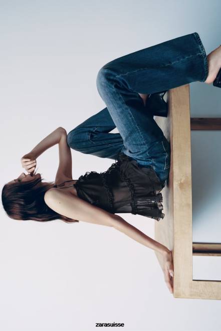 Zara vêtements P66V271 femmes haut semi-transparent à volants gris anthracite