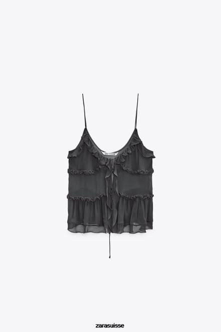 Zara vêtements P66V271 femmes haut semi-transparent à volants gris anthracite