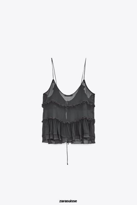 Zara vêtements P66V271 femmes haut semi-transparent à volants gris anthracite