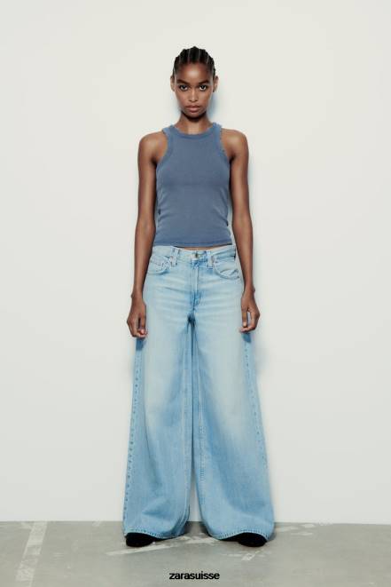 Zara vêtements P66V274 femmes débardeur côtelé délavé bleu