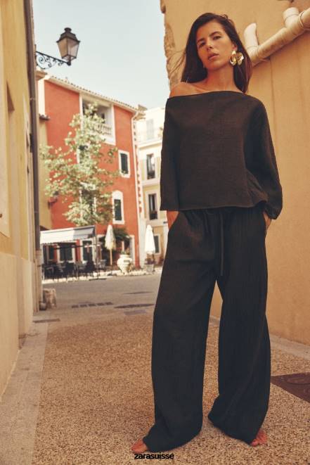 Zara vêtements P66V280 femmes haut asymétrique en lin mélangé marron foncé