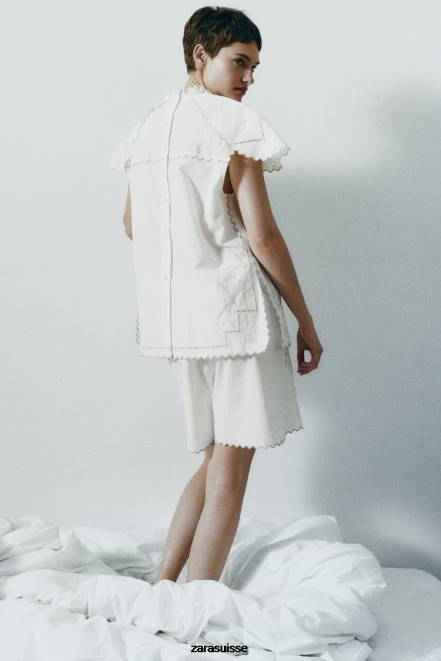 Zara vêtements P66V828 femmes haut à broderies contrastantes blanc