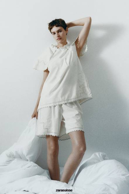 Zara vêtements P66V828 femmes haut à broderies contrastantes blanc