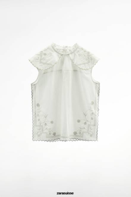 Zara vêtements P66V828 femmes haut à broderies contrastantes blanc