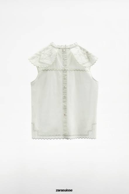 Zara vêtements P66V828 femmes haut à broderies contrastantes blanc