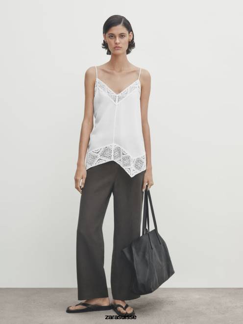 Zara vêtements P66V846 femmes haut à bretelles avec détail en crochet blanc d'huître