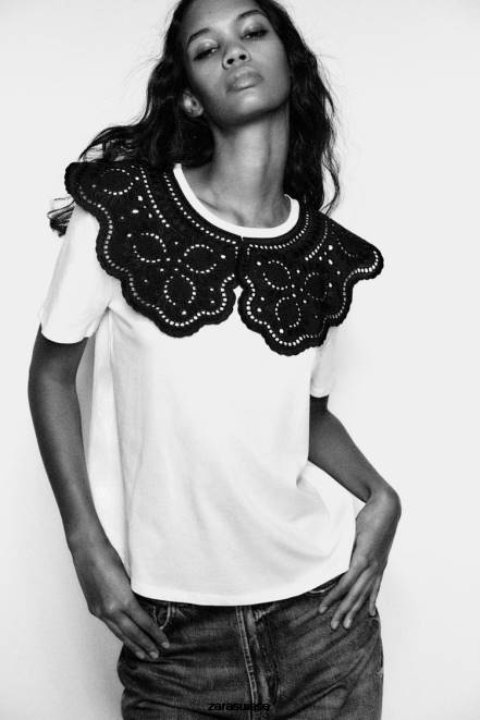 Zara vêtements P66V463 femmes haut à col brodé blanc