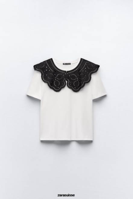 Zara vêtements P66V463 femmes haut à col brodé blanc