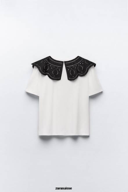 Zara vêtements P66V463 femmes haut à col brodé blanc