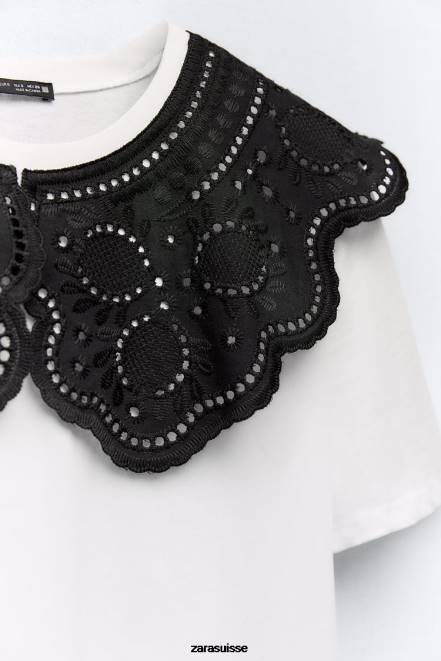 Zara vêtements P66V463 femmes haut à col brodé blanc