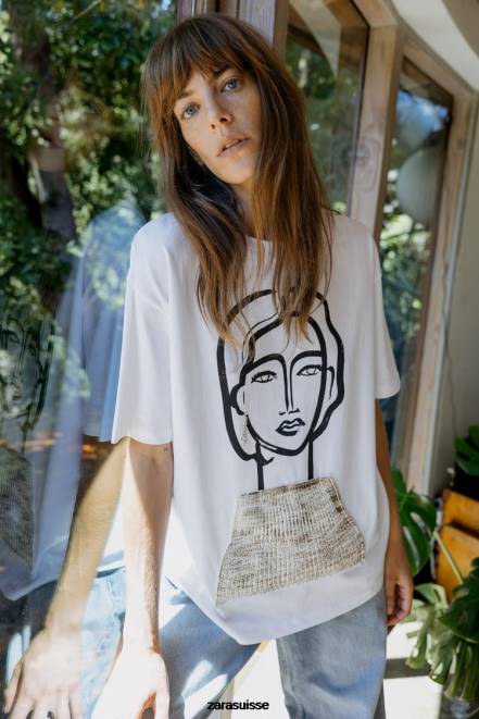 Zara vêtements P66V464 femmes t-shirt bijou blanc