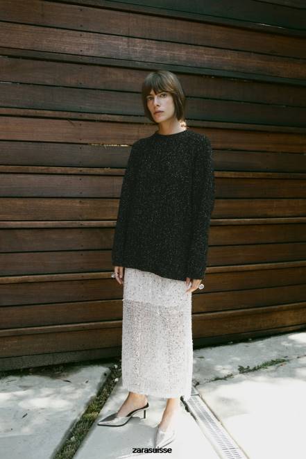 Zara vêtements P66V465 femmes sweat oversize à fils métallisés noir