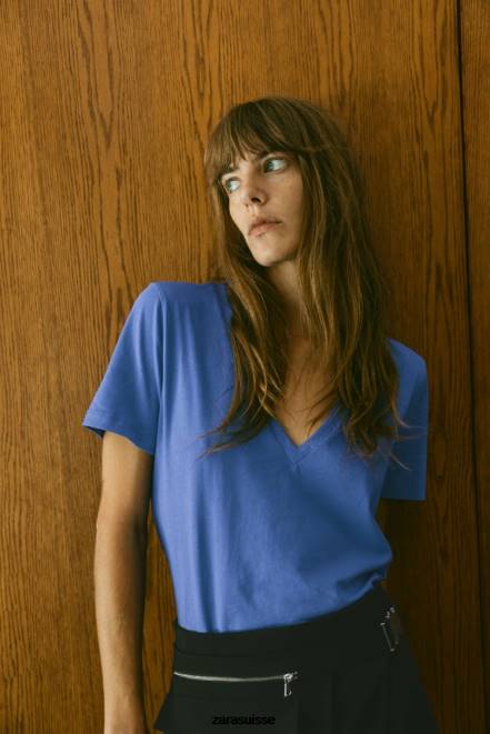Zara vêtements P66V466 femmes t-shirt basique en coton à col en V bleuâtre
