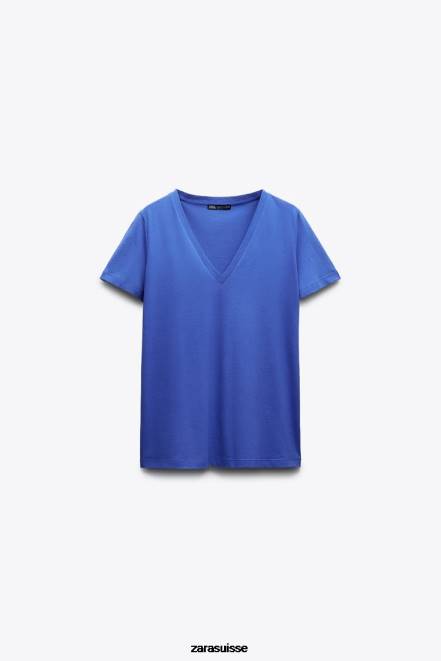 Zara vêtements P66V466 femmes t-shirt basique en coton à col en V bleuâtre