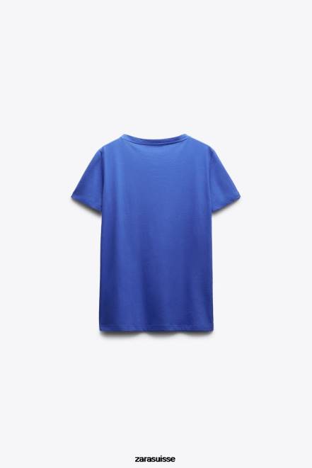 Zara vêtements P66V466 femmes t-shirt basique en coton à col en V bleuâtre
