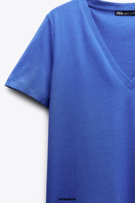 Zara vêtements P66V466 femmes t-shirt basique en coton à col en V bleuâtre
