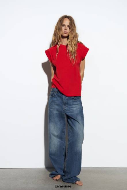 Zara vêtements P66V469 femmes t-shirt en coton côtelé rouge