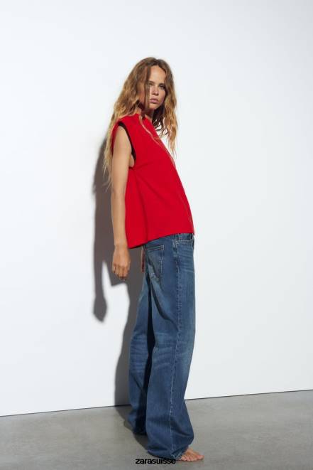 Zara vêtements P66V469 femmes t-shirt en coton côtelé rouge