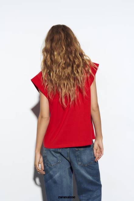 Zara vêtements P66V469 femmes t-shirt en coton côtelé rouge