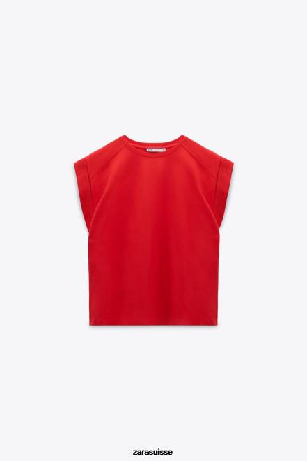 Zara vêtements P66V469 femmes t-shirt en coton côtelé rouge