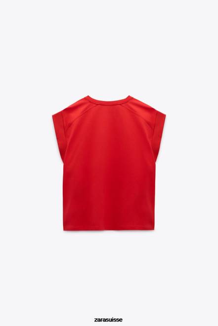 Zara vêtements P66V469 femmes t-shirt en coton côtelé rouge