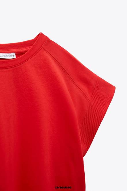 Zara vêtements P66V469 femmes t-shirt en coton côtelé rouge