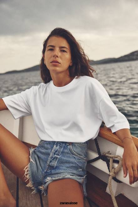 Zara vêtements P66V470 femmes t-shirt oversize en coton blanc