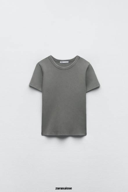 Zara vêtements P66V471 femmes t-shirt côtelé gris moyen