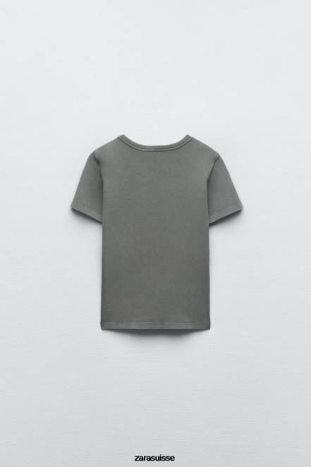 Zara vêtements P66V471 femmes t-shirt côtelé gris moyen