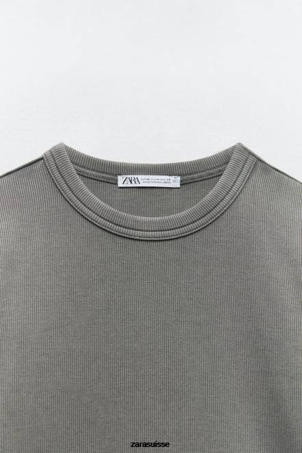 Zara vêtements P66V471 femmes t-shirt côtelé gris moyen