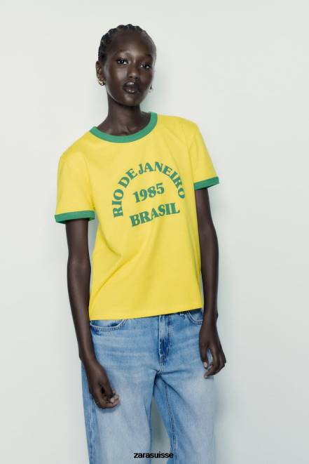 Zara vêtements P66V473 femmes t-shirt avec texte jaune