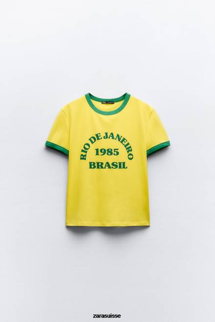 Zara vêtements P66V473 femmes t-shirt avec texte jaune