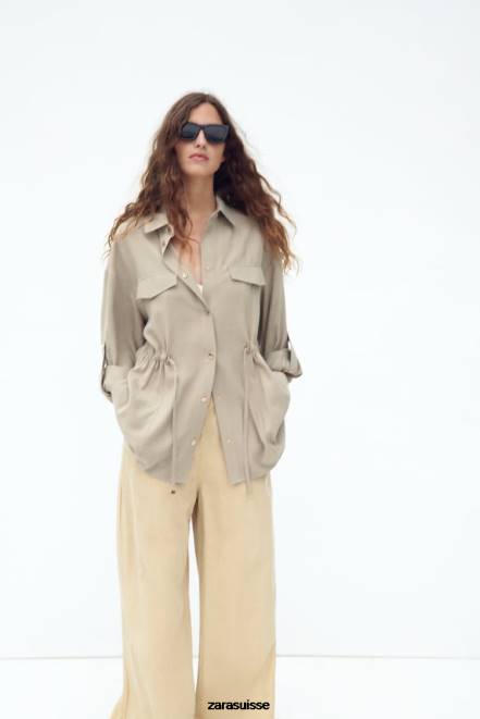 Zara vêtements P66V100 femmes surchemise à taille réglable sable