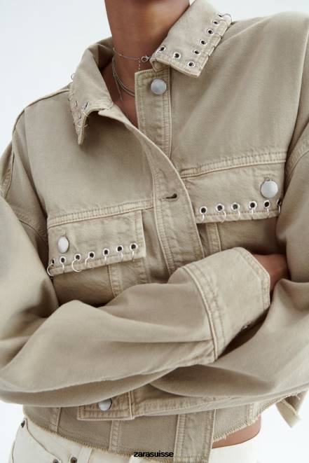 Zara vêtements P66V102 femmes surchemise courte piercing sable