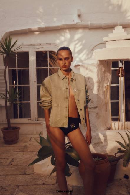 Zara vêtements P66V104 femmes veste en jean à poches plaquées kaki clair