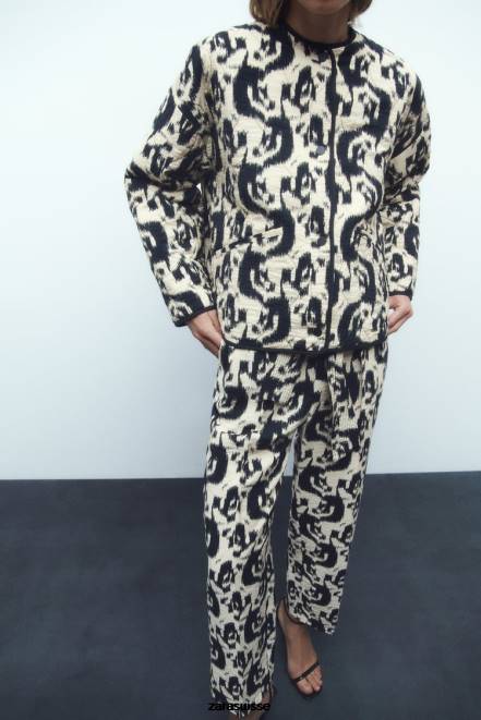 Zara vêtements P66V107 femmes doudoune à imprimé animal écru/noir