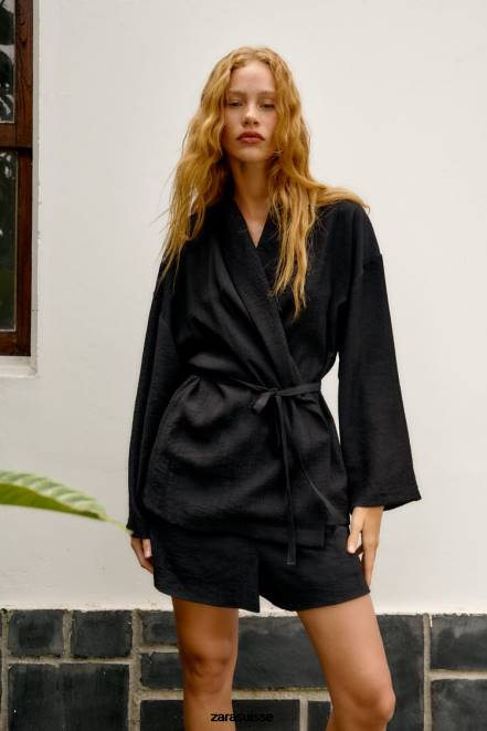 Zara vêtements P66V108 femmes kimono portefeuille texturé noir