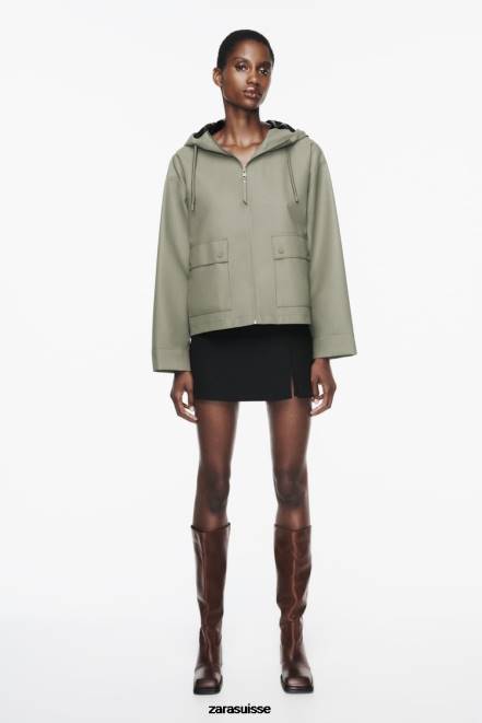 Zara vêtements P66V109 femmes imperméable caoutchouté avec capuche kaki