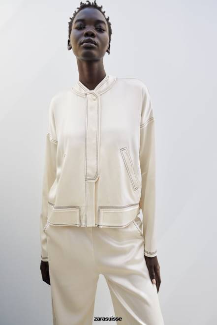 Zara vêtements P66V112 femmes bomber à surpiqûres effet satiné écru moyen