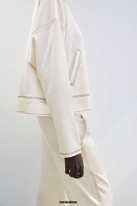 Zara vêtements P66V112 femmes bomber à surpiqûres effet satiné écru moyen