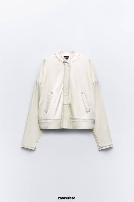 Zara vêtements P66V112 femmes bomber à surpiqûres effet satiné écru moyen