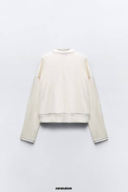 Zara vêtements P66V112 femmes bomber à surpiqûres effet satiné écru moyen